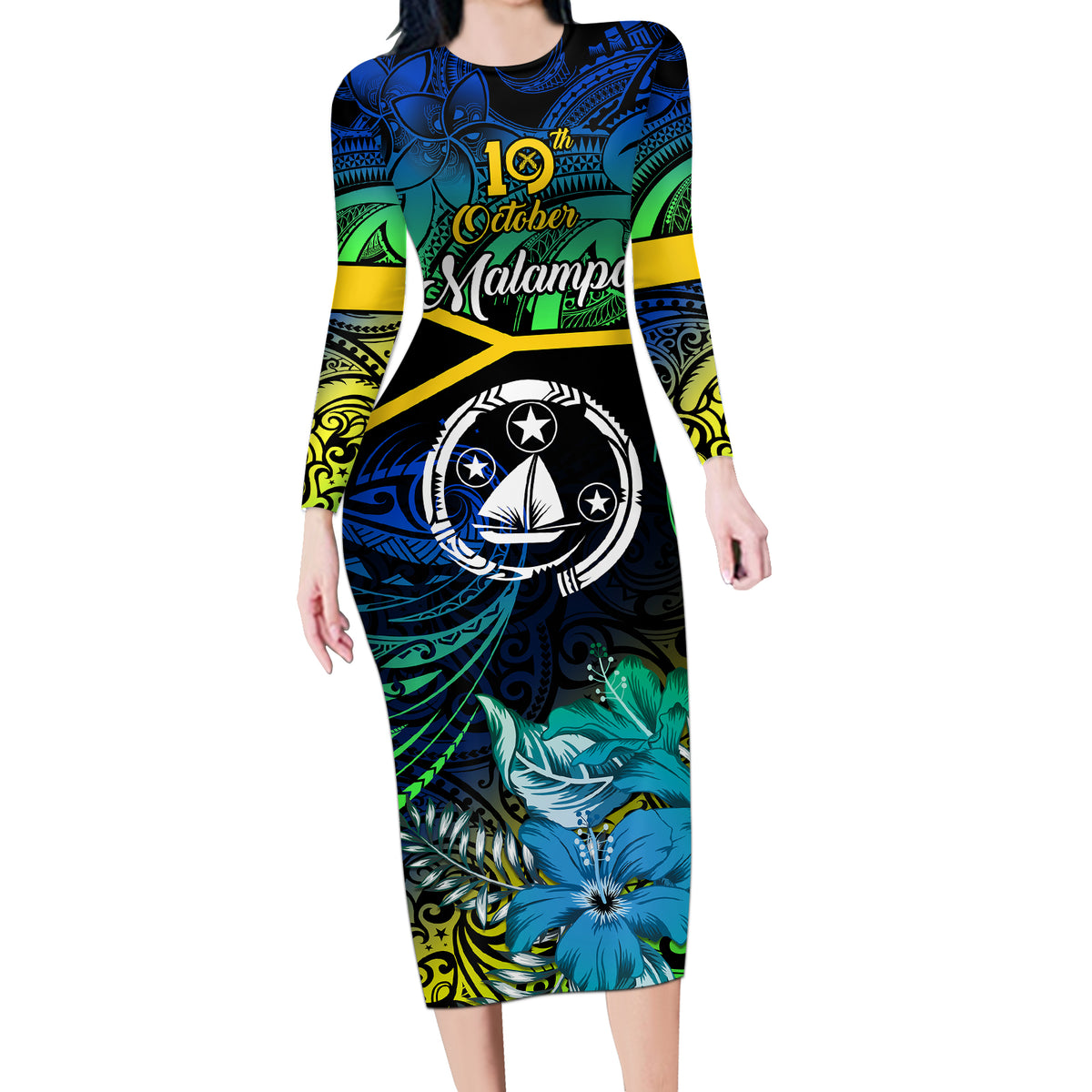 Personalised Malampa Day Long Sleeve Bodycon Dress Vanuatu Flowers with Malampa Emblem Tribal Pattern - Wonder Print Personalised Malampa Day Long Sleeve Bodycon Dress Vanuatu Flowers with Malampa Emblem Tribal Pattern - Wonder Print
