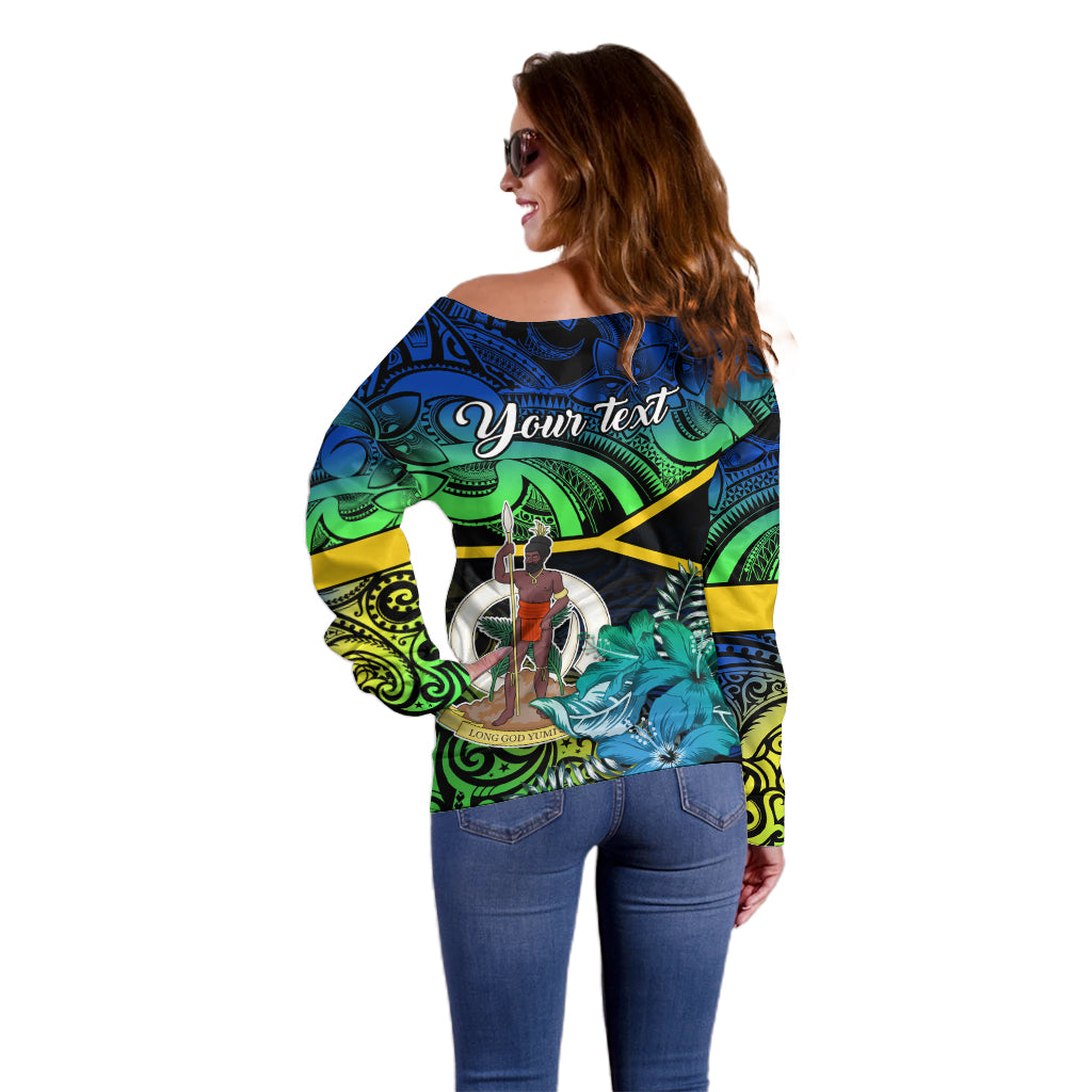 Personalised Malampa Day Off Shoulder Sweater Vanuatu Flowers with Malampa Emblem Tribal Pattern - Wonder Print Shop