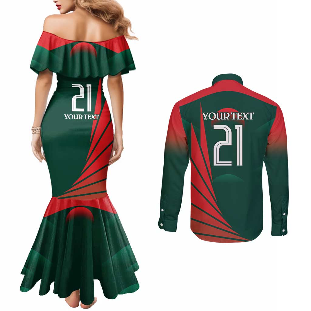 Bangladesh Cricket Custom Couples Matching Mermaid Dress and Long Sleeve Button Shirt The Tigers Mascot with Sporty Style