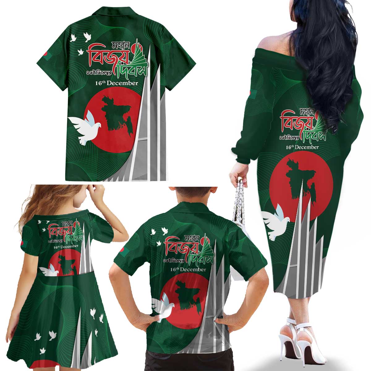 Bangladesh 16 December Victory Day Family Matching Off The Shoulder Long Sleeve Dress and Hawaiian Shirt Jatiyo Sriti Shoudho with Sun - Wonder Print Shop
