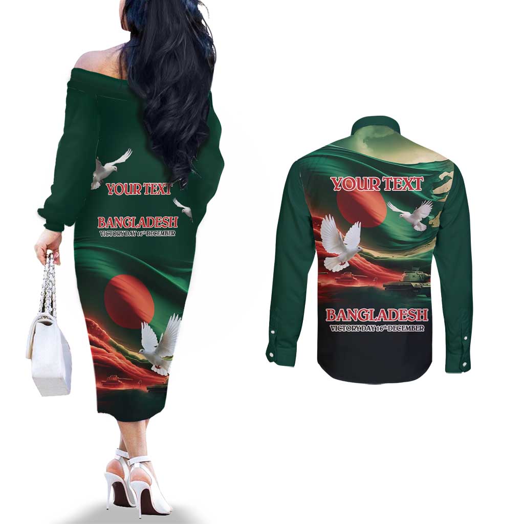 Bangladesh Victory Day Personalized Couples Matching Off The Shoulder Long Sleeve Dress and Long Sleeve Button Shirt Since 1971 with Flag Art