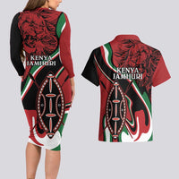 Happy Jamhuri Day Kenya Couples Matching Long Sleeve Bodycon Dress and Hawaiian Shirt Kenyan Lion and Maasai Shield LT9 - Wonder Print Shop