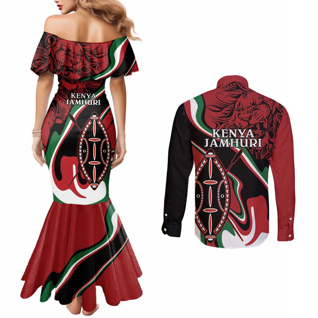 Happy Jamhuri Day Kenya Couples Matching Mermaid Dress and Long Sleeve Button Shirt Kenyan Lion and Maasai Shield