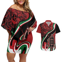 Happy Jamhuri Day Kenya Couples Matching Off Shoulder Short Dress and Hawaiian Shirt Kenyan Lion and Maasai Shield LT9 - Wonder Print Shop