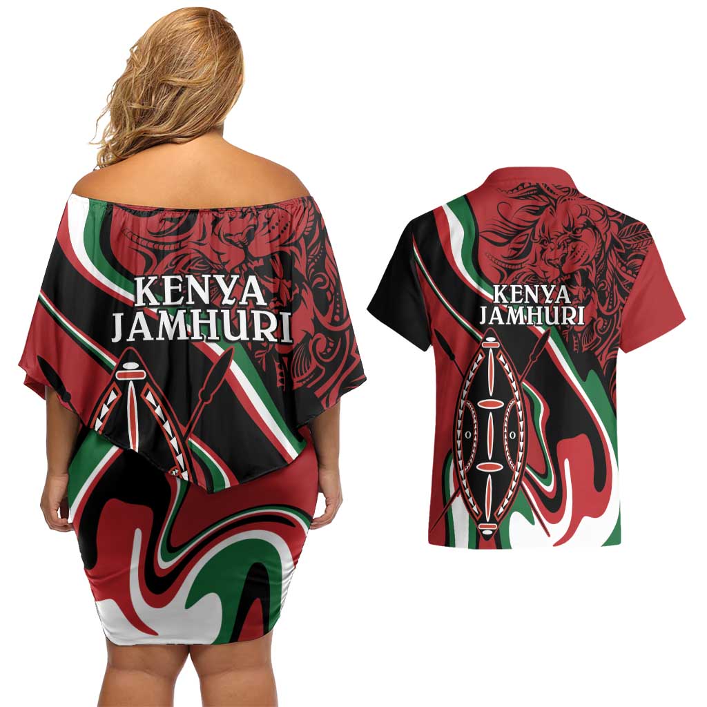 Happy Jamhuri Day Kenya Couples Matching Off Shoulder Short Dress and Hawaiian Shirt Kenyan Lion and Maasai Shield LT9 - Wonder Print Shop