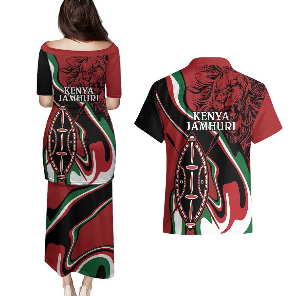 Happy Jamhuri Day Kenya Couples Matching Puletasi and Hawaiian Shirt Kenyan Lion and Maasai Shield LT9 - Wonder Print Shop