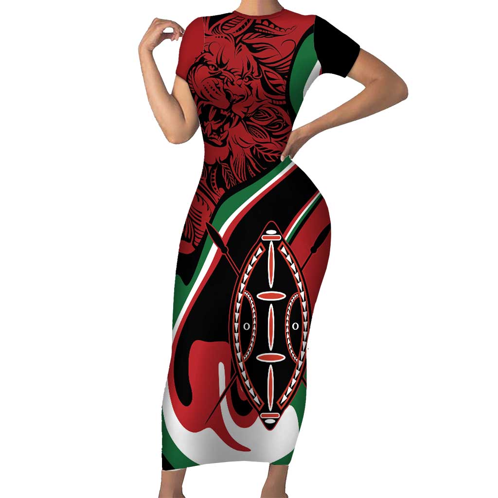 Happy Jamhuri Day Kenya Family Matching Short Sleeve Bodycon Dress and Hawaiian Shirt Kenyan Lion and Maasai Shield - Wonder Print Shop