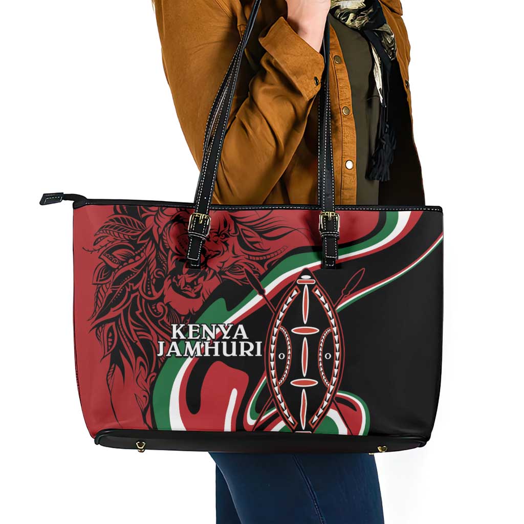 Happy Jamhuri Day Kenya Leather Tote Bag Kenyan Lion and Maasai Shield - Wonder Print Shop