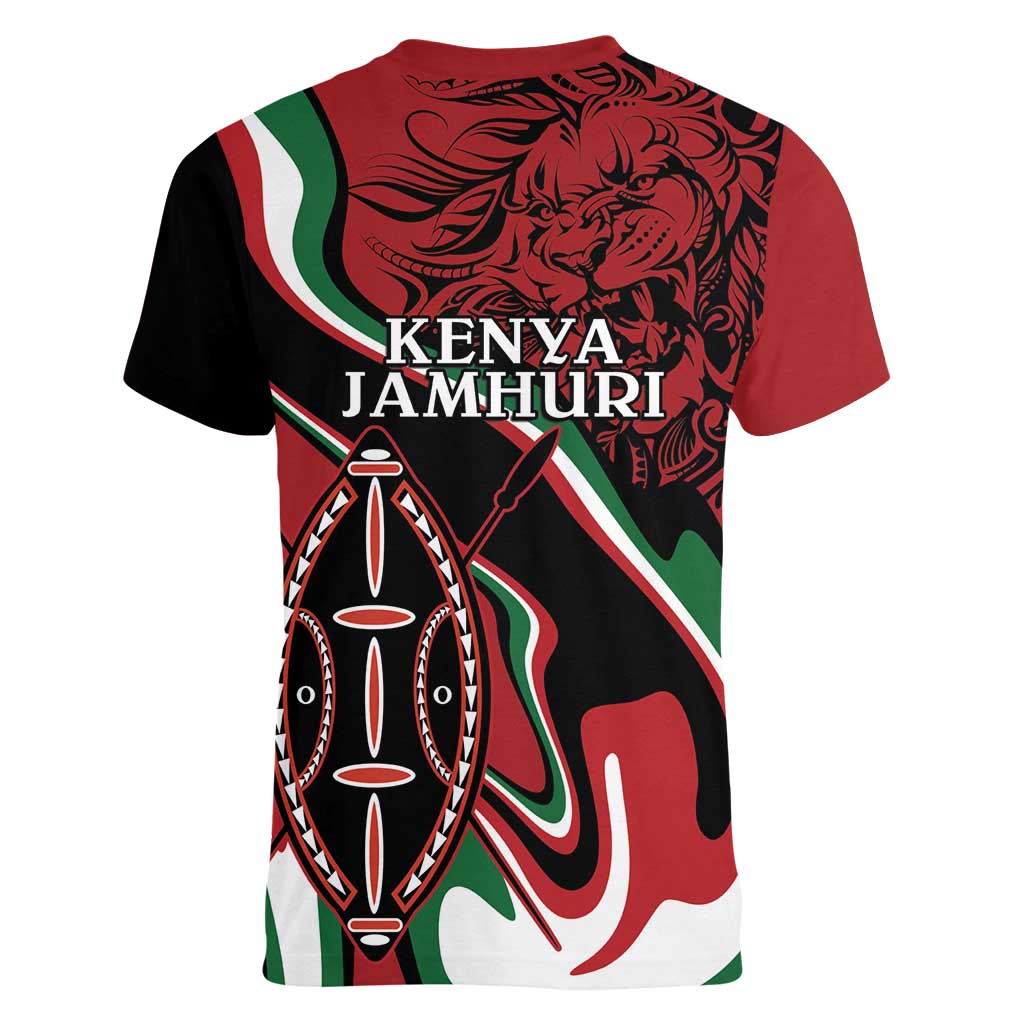 Happy Jamhuri Day Kenya Women V-Neck T-Shirt Kenyan Lion and Maasai Shield - Wonder Print Shop