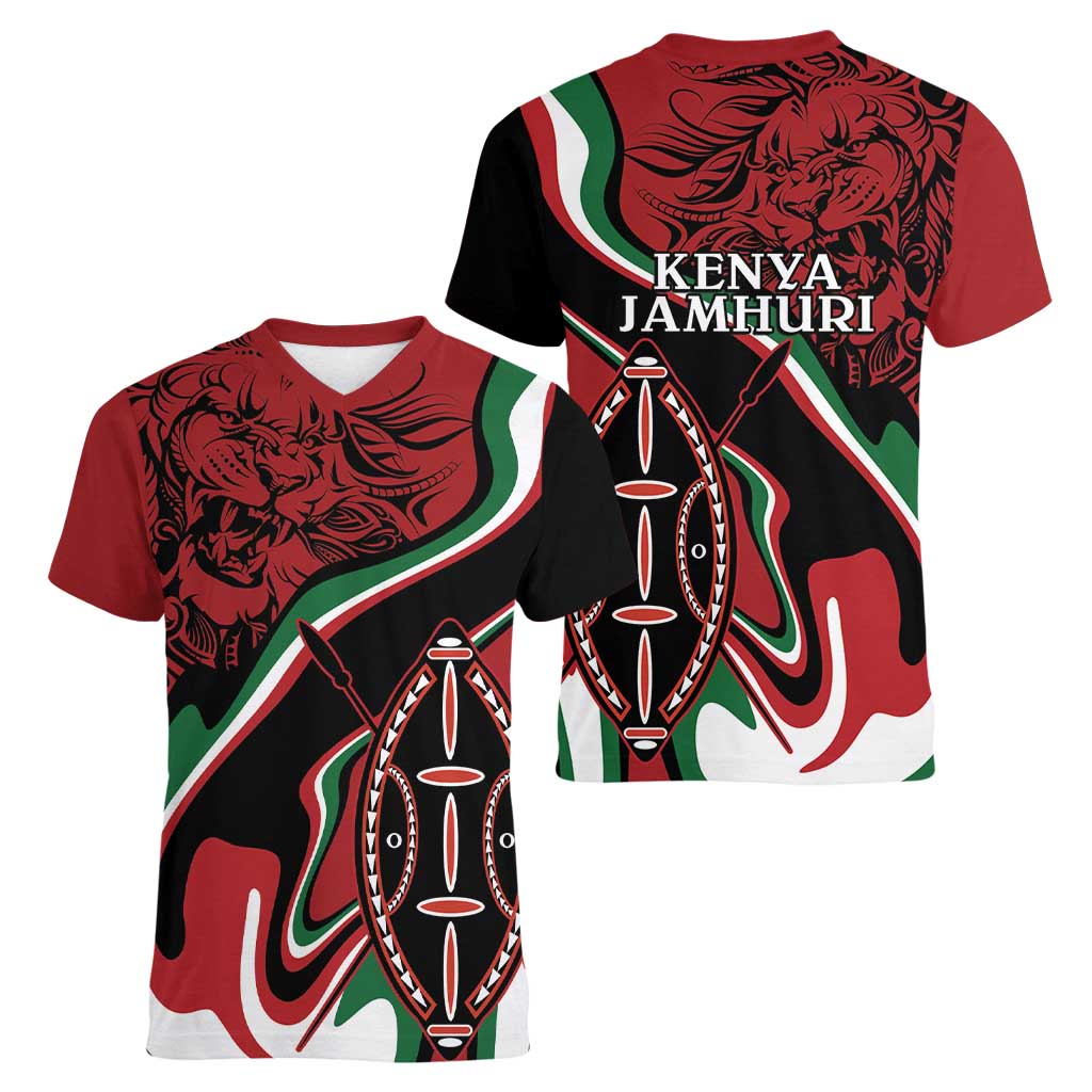 Happy Jamhuri Day Kenya Women V-Neck T-Shirt Kenyan Lion and Maasai Shield - Wonder Print Shop