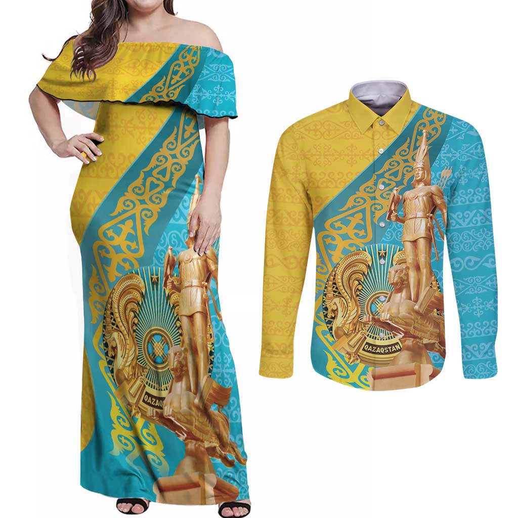 Issyk Mystery Kazakhstan Golden Man Couples Matching Off Shoulder Maxi Dress and Long Sleeve Button Shirt LT9 - Wonder Print Shop
