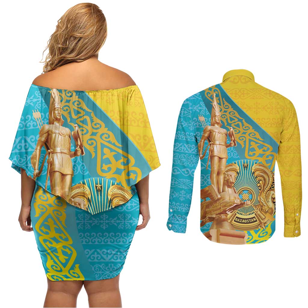 Issyk Mystery Kazakhstan Golden Man Couples Matching Off Shoulder Short Dress and Long Sleeve Button Shirt LT9 - Wonder Print Shop