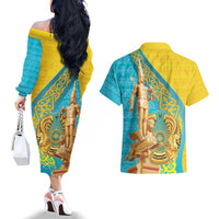 Issyk Mystery Kazakhstan Golden Man Couples Matching Off The Shoulder Long Sleeve Dress and Hawaiian Shirt LT9 - Wonder Print Shop