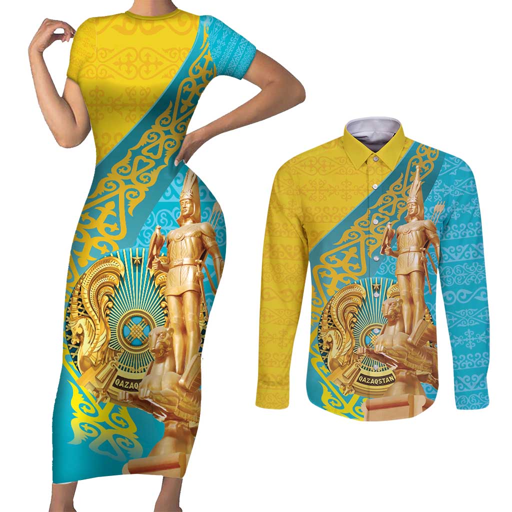 Issyk Mystery Kazakhstan Golden Man Couples Matching Short Sleeve Bodycon Dress and Long Sleeve Button Shirt LT9 - Wonder Print Shop