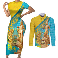 Issyk Mystery Kazakhstan Golden Man Couples Matching Short Sleeve Bodycon Dress and Long Sleeve Button Shirt LT9 - Wonder Print Shop