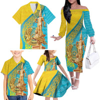 Issyk Mystery Kazakhstan Golden Man Family Matching Off The Shoulder Long Sleeve Dress and Hawaiian Shirt - Wonder Print Shop