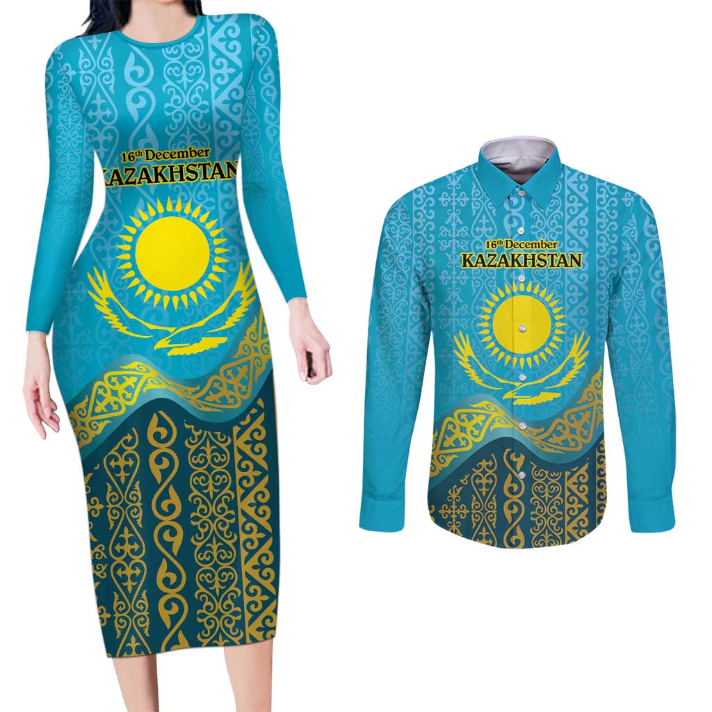 Kazakhstan Independence Day Personalized Couples Matching Long Sleeve Bodycon Dress and Long Sleeve Button Shirt 16 December with Kazakh Pattern LT9 - Wonder Print Shop