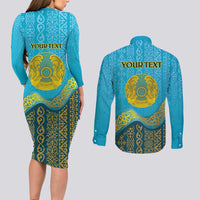Kazakhstan Independence Day Personalized Couples Matching Long Sleeve Bodycon Dress and Long Sleeve Button Shirt 16 December with Kazakh Pattern LT9 - Wonder Print Shop