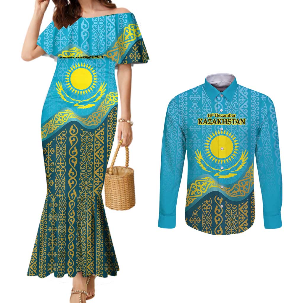 Kazakhstan Independence Day Personalized Couples Matching Mermaid Dress and Long Sleeve Button Shirt 16 December with Kazakh Pattern