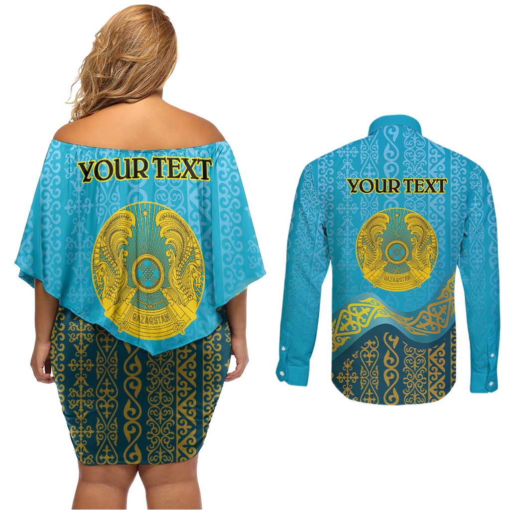 Kazakhstan Independence Day Personalized Couples Matching Off Shoulder Short Dress and Long Sleeve Button Shirt 16 December with Kazakh Pattern LT9 - Wonder Print Shop