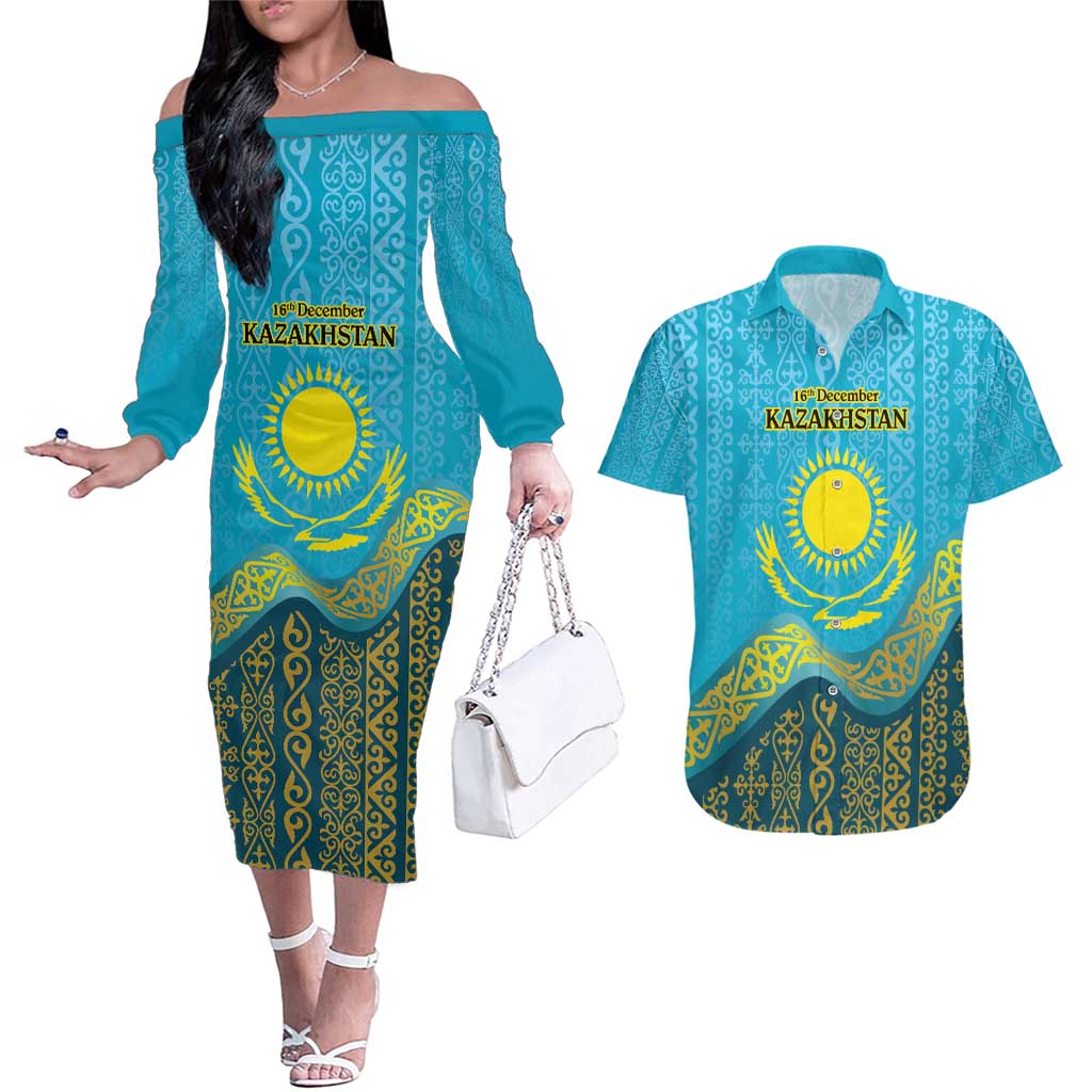 Kazakhstan Independence Day Personalized Couples Matching Off The Shoulder Long Sleeve Dress and Hawaiian Shirt 16 December with Kazakh Pattern LT9 - Wonder Print Shop