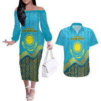 Kazakhstan Independence Day Personalized Couples Matching Off The Shoulder Long Sleeve Dress and Hawaiian Shirt 16 December with Kazakh Pattern LT9 - Wonder Print Shop