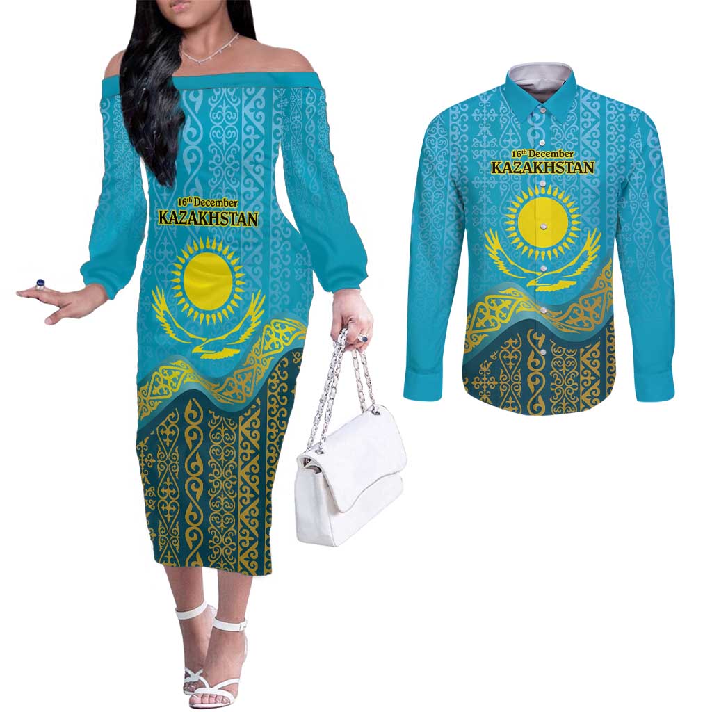 Kazakhstan Independence Day Personalized Couples Matching Off The Shoulder Long Sleeve Dress and Long Sleeve Button Shirt 16 December with Kazakh Pattern
