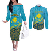 Kazakhstan Independence Day Personalized Couples Matching Off The Shoulder Long Sleeve Dress and Long Sleeve Button Shirt 16 December with Kazakh Pattern