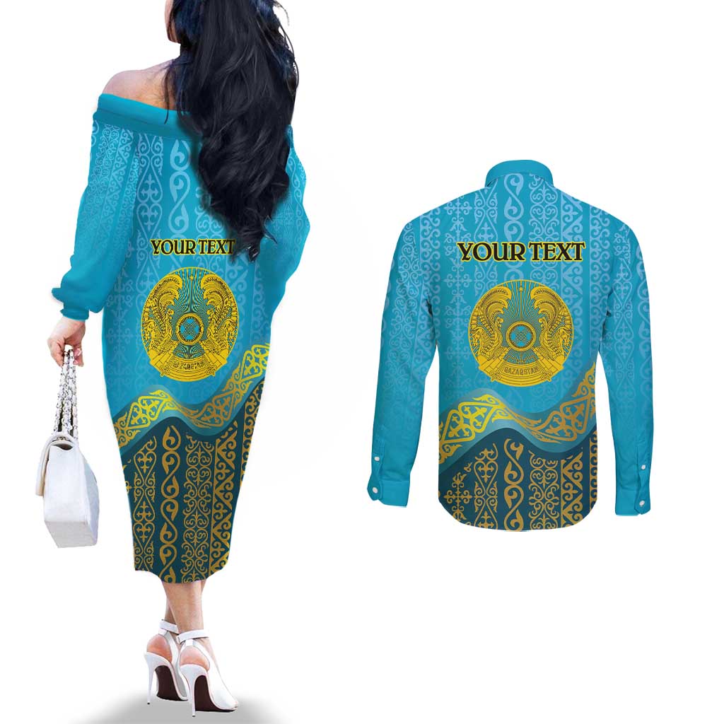 Kazakhstan Independence Day Personalized Couples Matching Off The Shoulder Long Sleeve Dress and Long Sleeve Button Shirt 16 December with Kazakh Pattern
