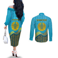 Kazakhstan Independence Day Personalized Couples Matching Off The Shoulder Long Sleeve Dress and Long Sleeve Button Shirt 16 December with Kazakh Pattern