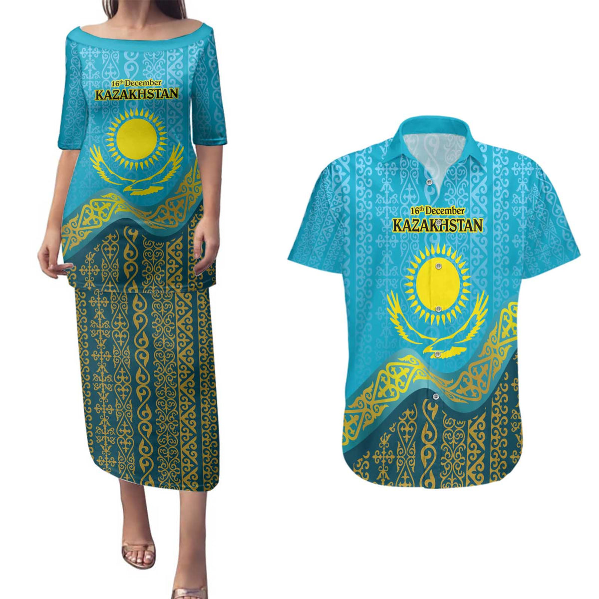 Kazakhstan Independence Day Personalized Couples Matching Puletasi and Hawaiian Shirt 16 December with Kazakh Pattern LT9 - Wonder Print Shop