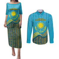 Kazakhstan Independence Day Personalized Couples Matching Puletasi and Long Sleeve Button Shirt 16 December with Kazakh Pattern LT9 - Wonder Print Shop