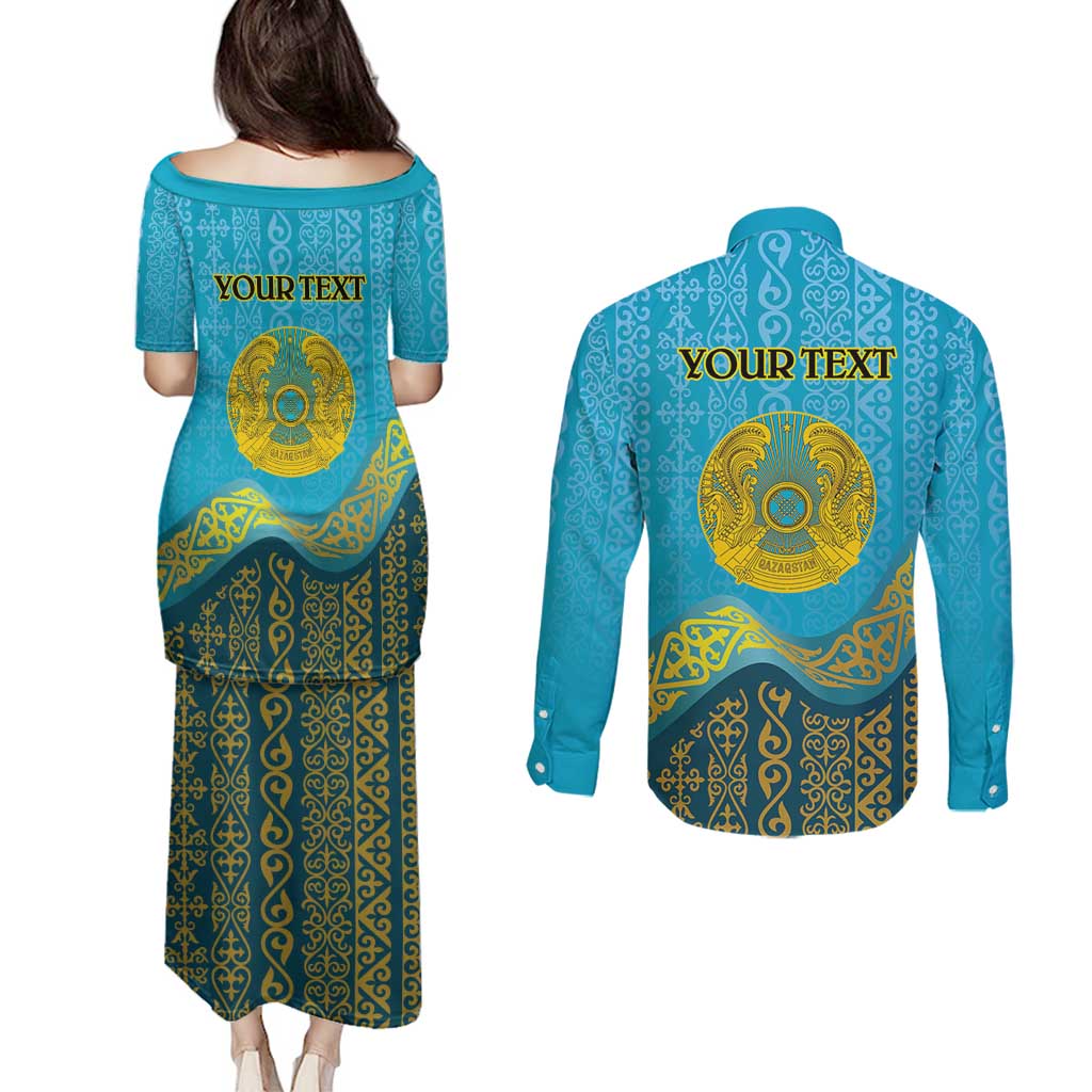 Kazakhstan Independence Day Personalized Couples Matching Puletasi and Long Sleeve Button Shirt 16 December with Kazakh Pattern LT9 - Wonder Print Shop