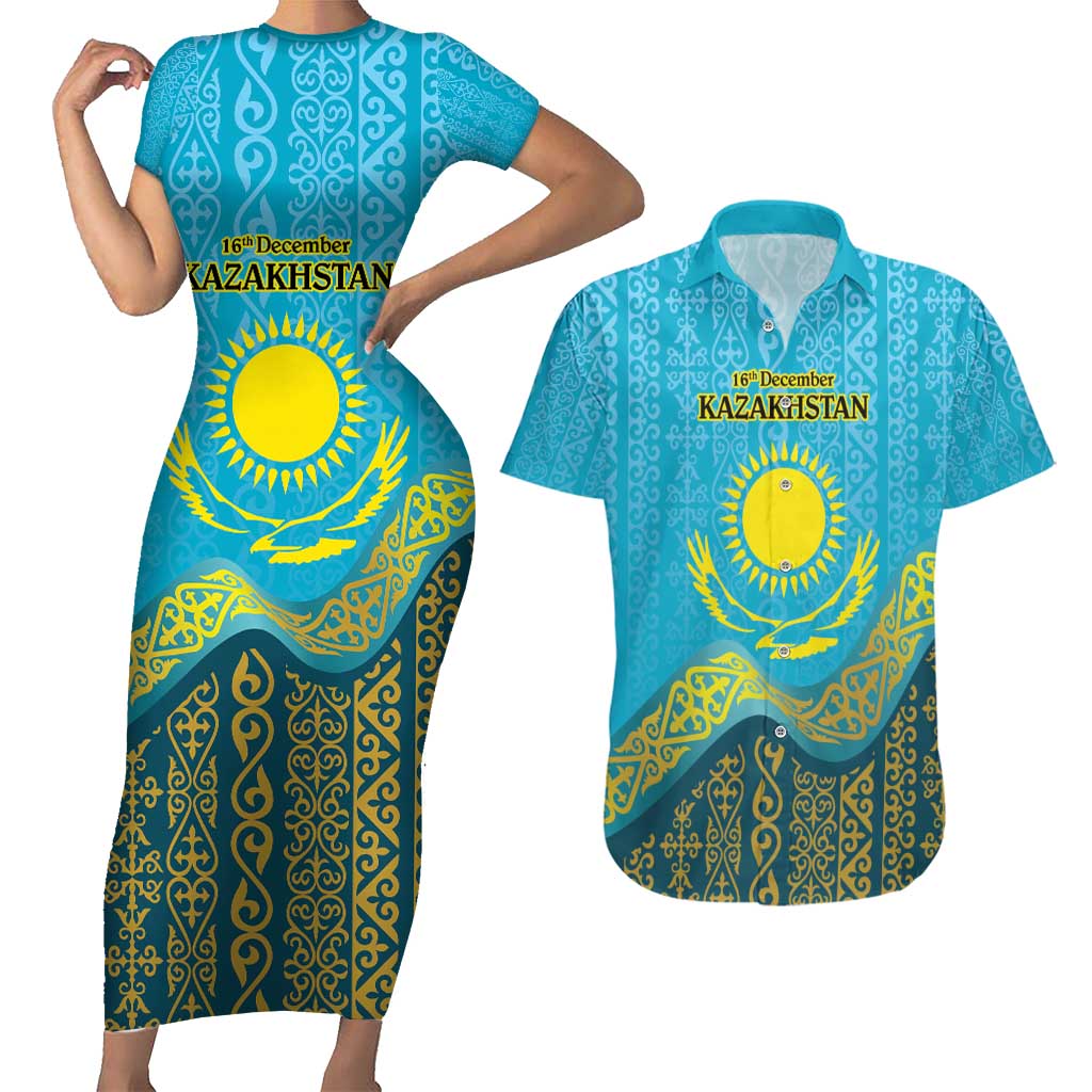 Kazakhstan Independence Day Personalized Couples Matching Short Sleeve Bodycon Dress and Hawaiian Shirt 16 December with Kazakh Pattern LT9 - Wonder Print Shop