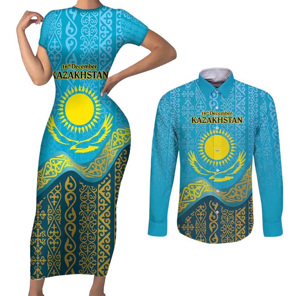 Kazakhstan Independence Day Personalized Couples Matching Short Sleeve Bodycon Dress and Long Sleeve Button Shirt 16 December with Kazakh Pattern LT9 - Wonder Print Shop