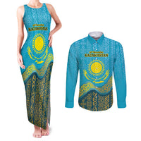 Kazakhstan Independence Day Personalized Couples Matching Tank Maxi Dress and Long Sleeve Button Shirt 16 December with Kazakh Pattern LT9 - Wonder Print Shop