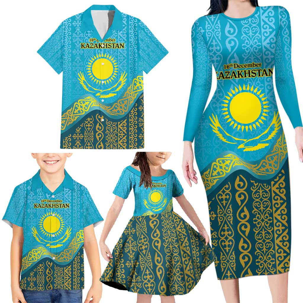 Kazakhstan Independence Day Personalized Family Matching Long Sleeve Bodycon Dress and Hawaiian Shirt 16 December with Kazakh Pattern LT9 - Wonder Print Shop
