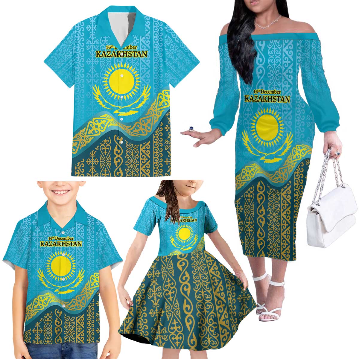 Kazakhstan Independence Day Personalized Family Matching Off The Shoulder Long Sleeve Dress and Hawaiian Shirt 16 December with Kazakh Pattern - Wonder Print Shop