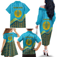 Kazakhstan Independence Day Personalized Family Matching Off The Shoulder Long Sleeve Dress and Hawaiian Shirt 16 December with Kazakh Pattern - Wonder Print Shop