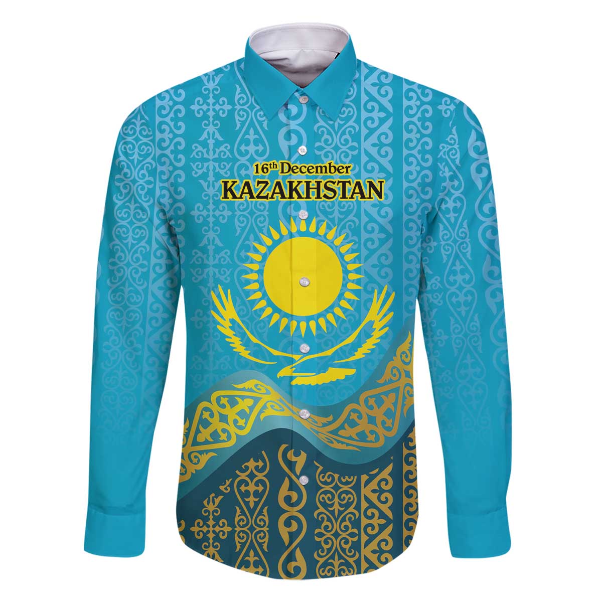 Kazakhstan Independence Day Personalized Family Matching Off The Shoulder Long Sleeve Dress and Hawaiian Shirt 16 December with Kazakh Pattern - Wonder Print Shop
