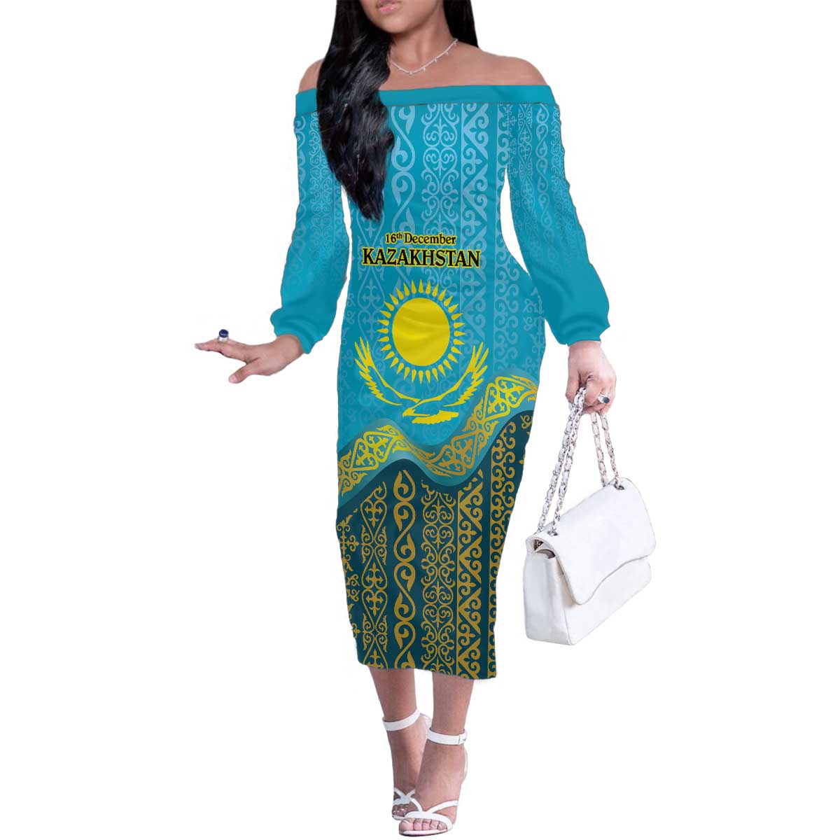 Kazakhstan Independence Day Personalized Family Matching Off The Shoulder Long Sleeve Dress and Hawaiian Shirt 16 December with Kazakh Pattern - Wonder Print Shop