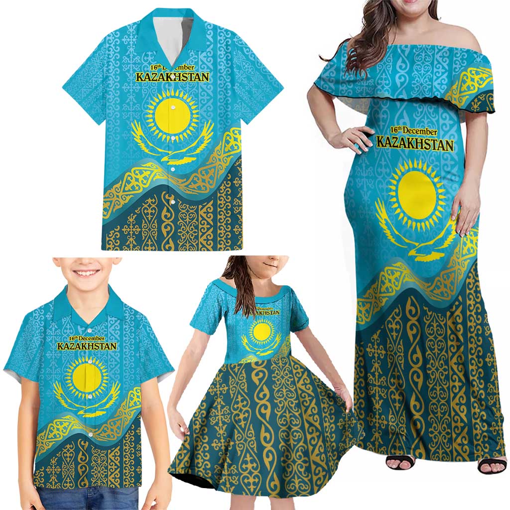Kazakhstan Independence Day Personalized Family Matching Off Shoulder Maxi Dress and Hawaiian Shirt 16 December with Kazakh Pattern LT9 - Wonder Print Shop