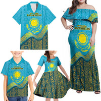Kazakhstan Independence Day Personalized Family Matching Off Shoulder Maxi Dress and Hawaiian Shirt 16 December with Kazakh Pattern LT9 - Wonder Print Shop