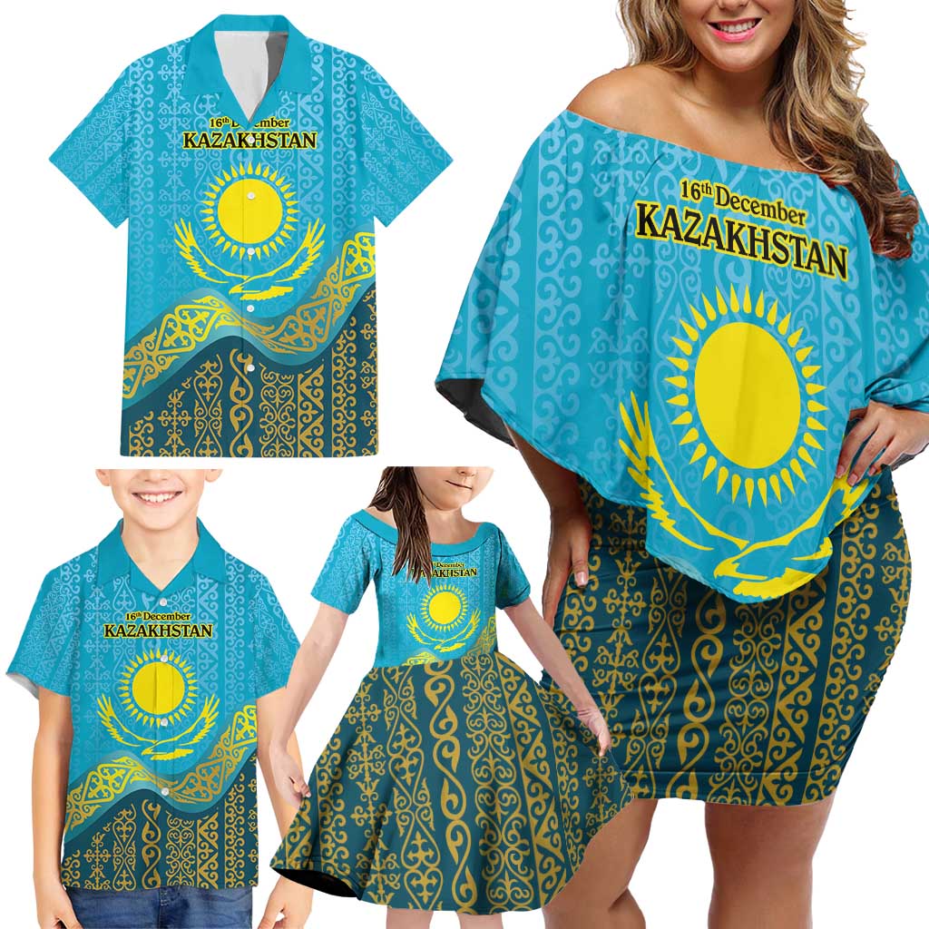 Kazakhstan Independence Day Personalized Family Matching Off Shoulder Short Dress and Hawaiian Shirt 16 December with Kazakh Pattern LT9 - Wonder Print Shop