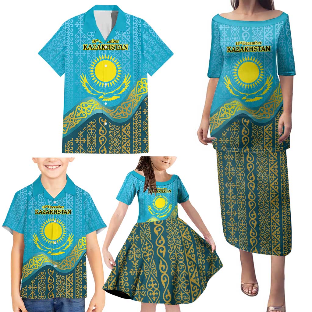 Kazakhstan Independence Day Personalized Family Matching Puletasi and Hawaiian Shirt 16 December with Kazakh Pattern - Wonder Print Shop