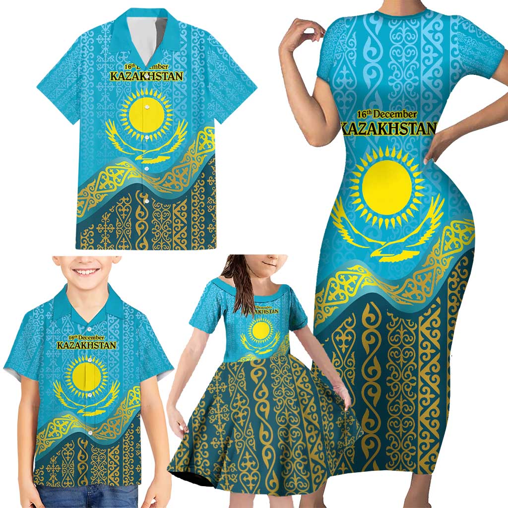 Kazakhstan Independence Day Personalized Family Matching Short Sleeve Bodycon Dress and Hawaiian Shirt 16 December with Kazakh Pattern - Wonder Print Shop