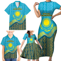 Kazakhstan Independence Day Personalized Family Matching Short Sleeve Bodycon Dress and Hawaiian Shirt 16 December with Kazakh Pattern - Wonder Print Shop