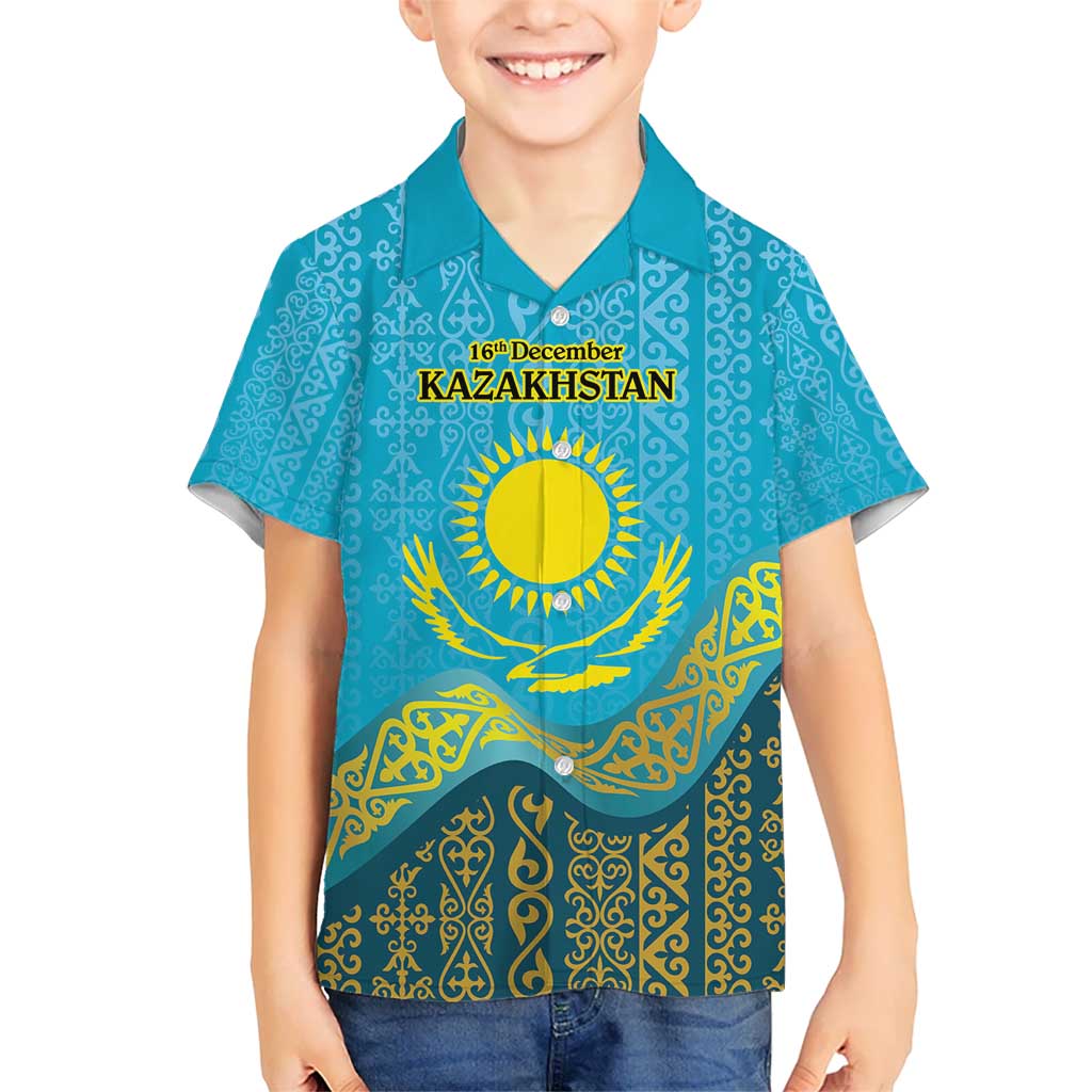 Kazakhstan Independence Day Personalized Kid Hawaiian Shirt 16 December with Kazakh Pattern - Wonder Print Shop