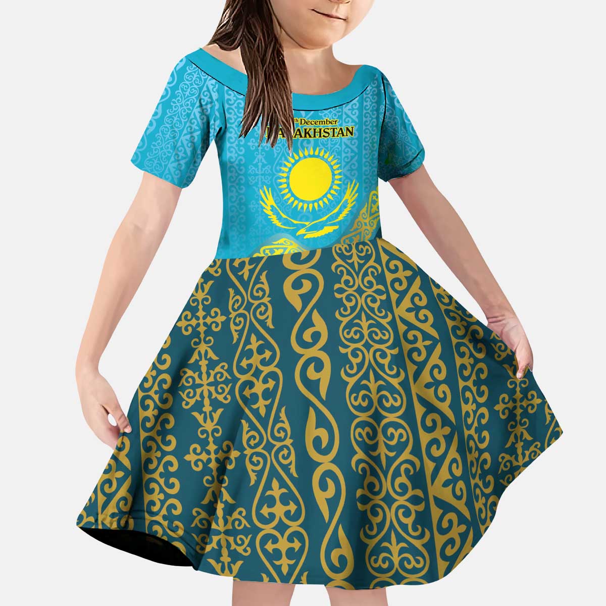 Kazakhstan Independence Day Personalized Kid Short Sleeve Dress 16 December with Kazakh Pattern - Wonder Print Shop