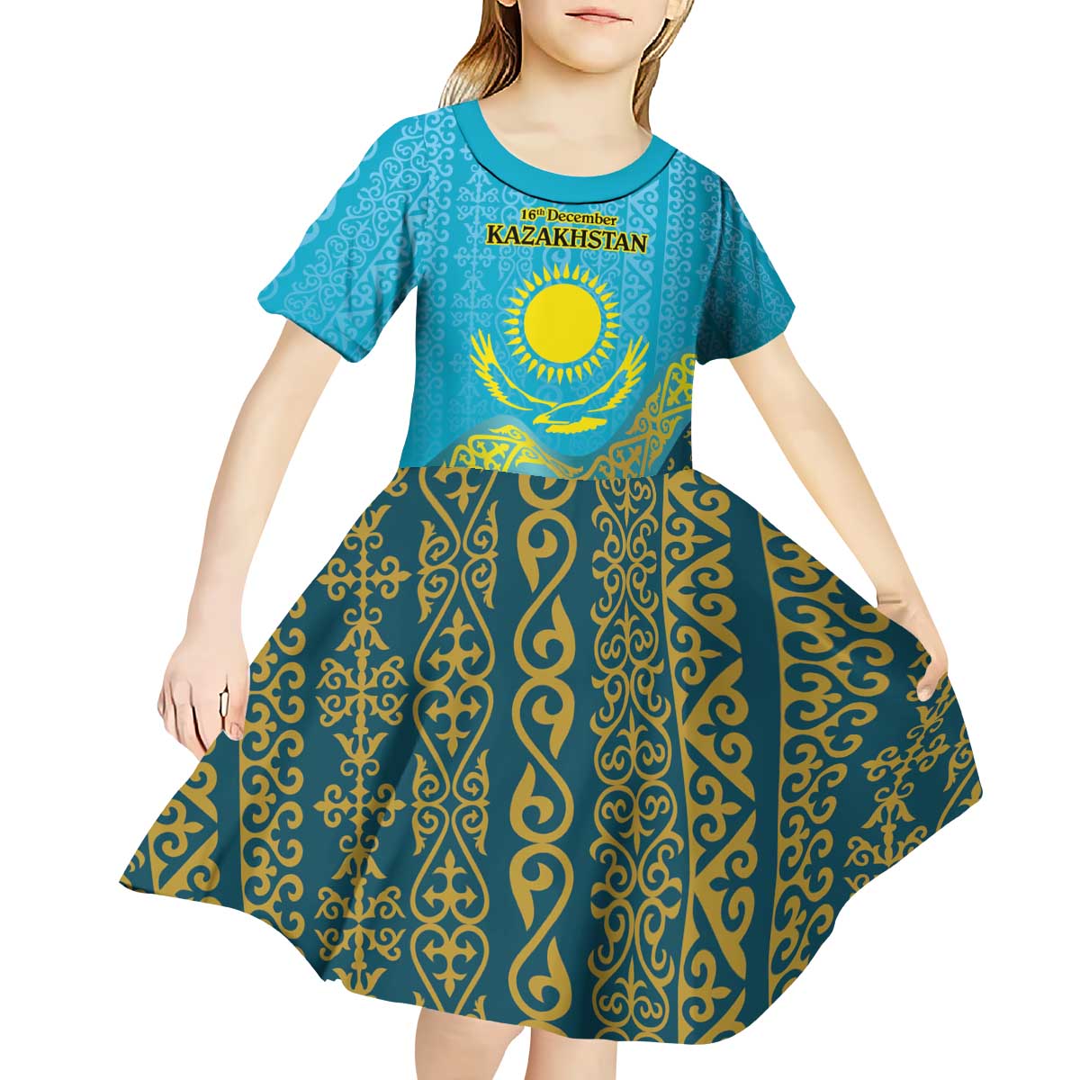 Kazakhstan Independence Day Personalized Kid Short Sleeve Dress 16 December with Kazakh Pattern - Wonder Print Shop